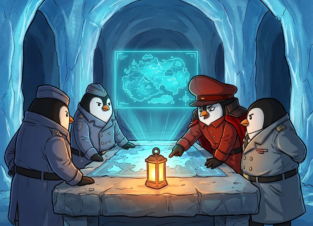 Penguin officers around a lit map table, planning the next expedition