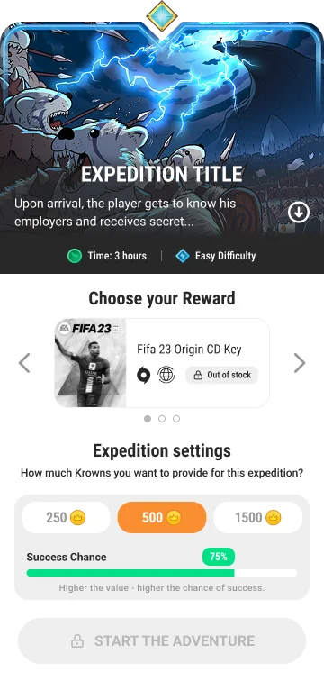 An expedition card: reward carousel, Krown stake selector, success chance bar