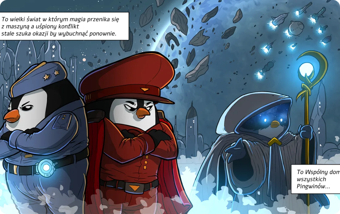 A panel from the Kinguin comic: three penguin commanders under a shattered moon