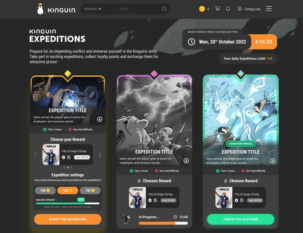 The Expeditions hub in dark mode: three quest cards with comic art, stakes and odds