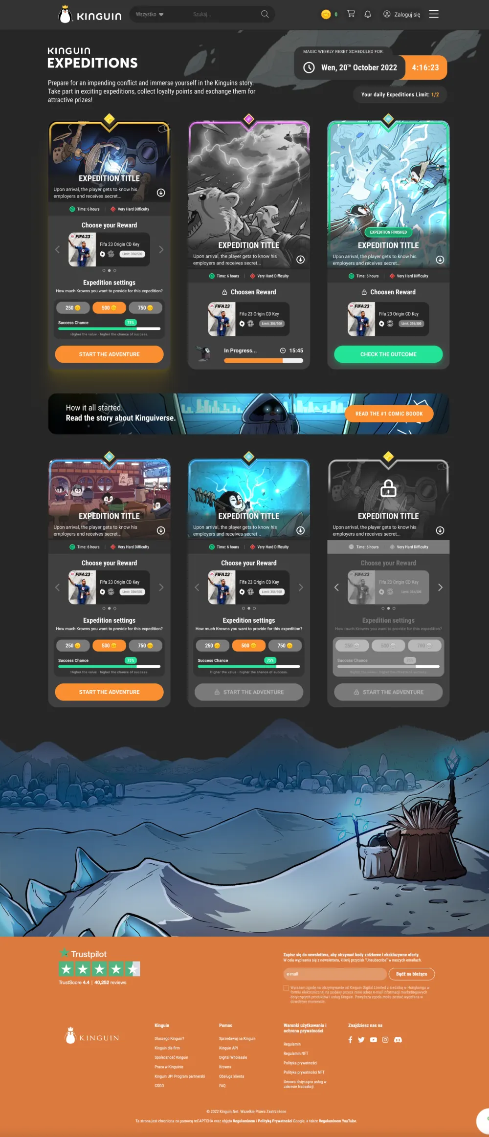 The Expeditions hub, dark mode: the same page after dark