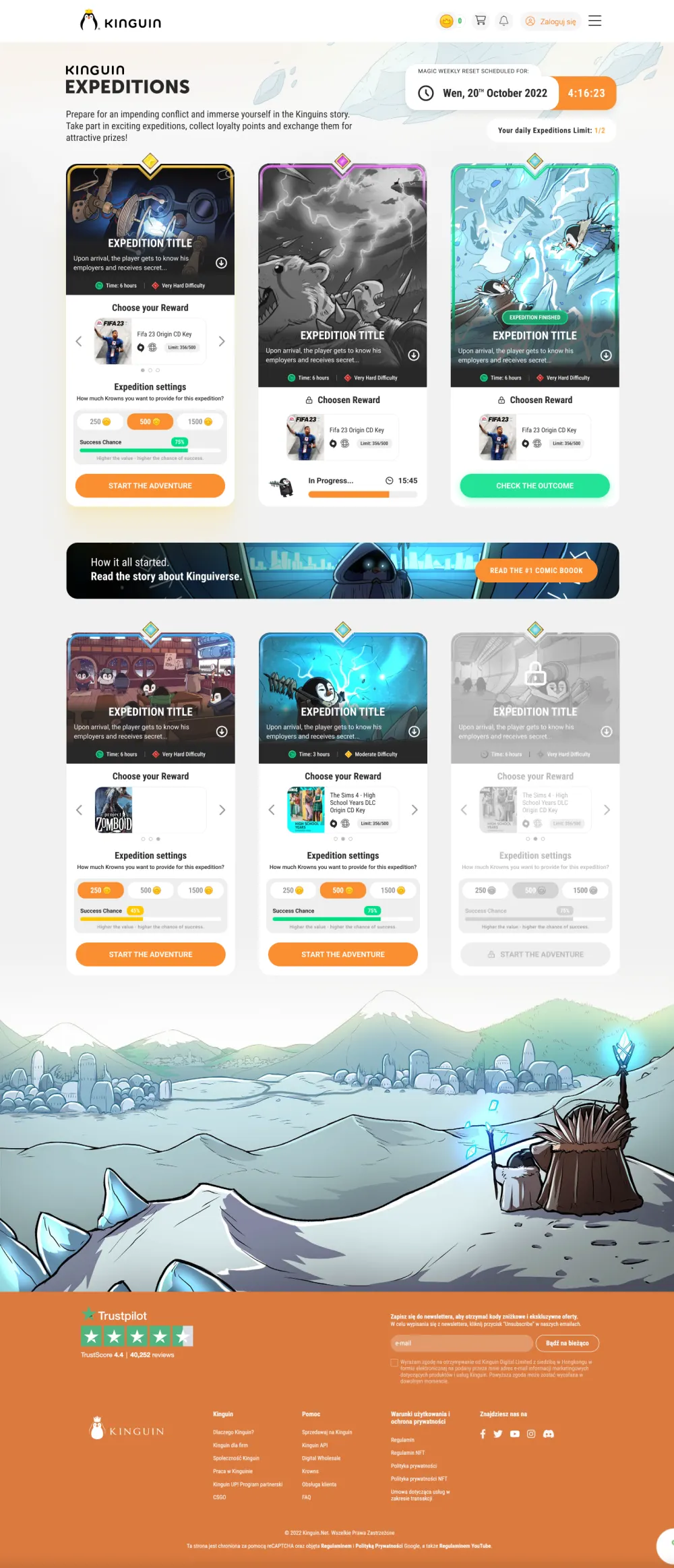 The Expeditions hub, light mode: full page from quest cards to the painted arctic footer