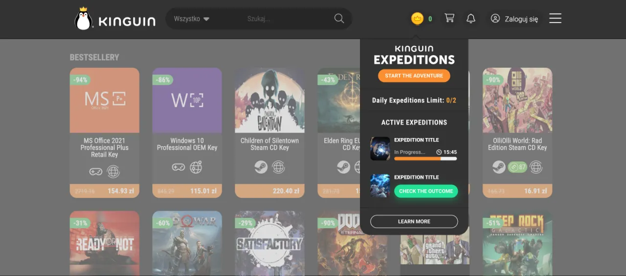 The Kinguin storefront with the Expeditions dropdown open next to the cart