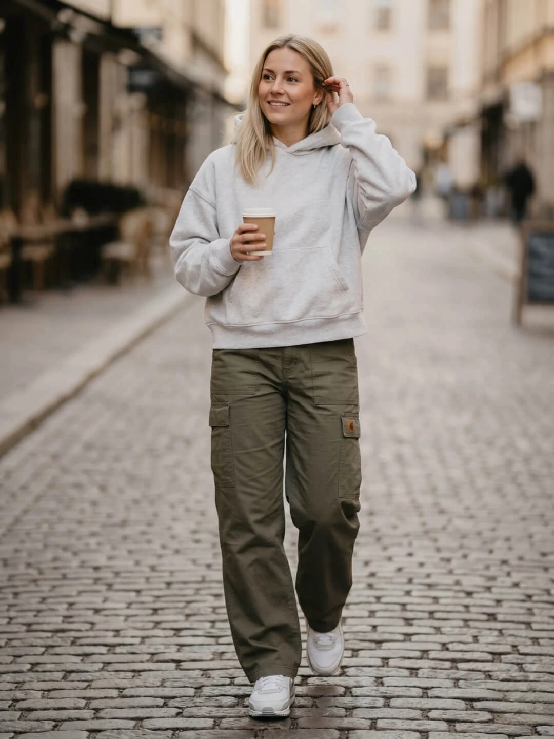 AI render of a street look (oversized hoodie, cargo pants, Air Max) on the user's own body