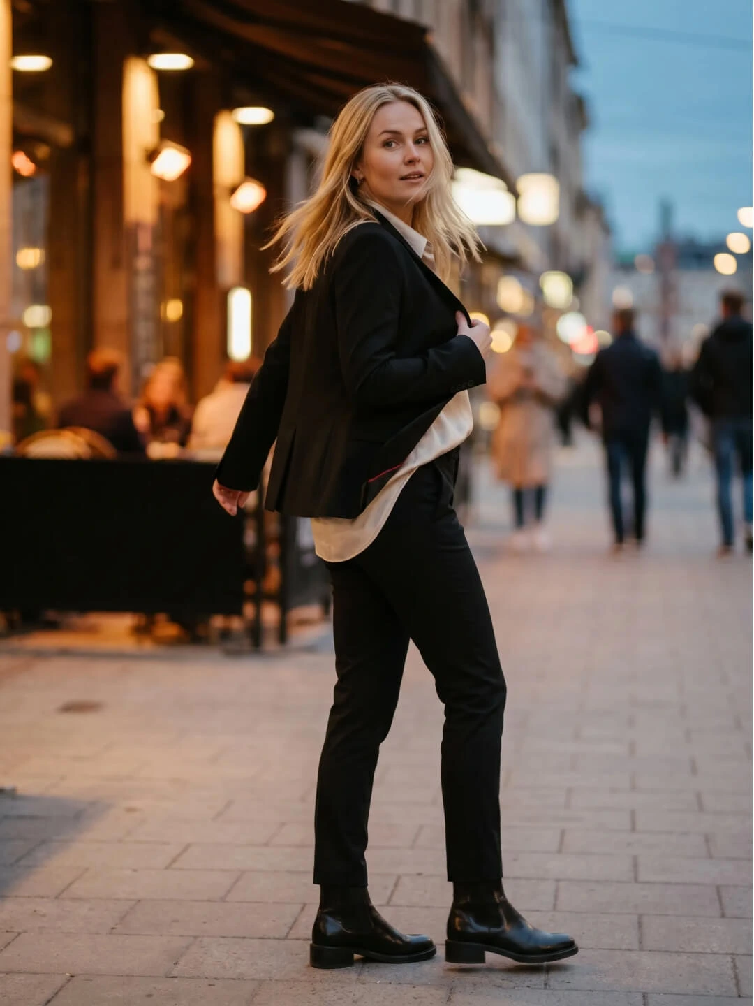 Thursday's card: slim blazer over a satin shirt, chelsea boots, dusk street