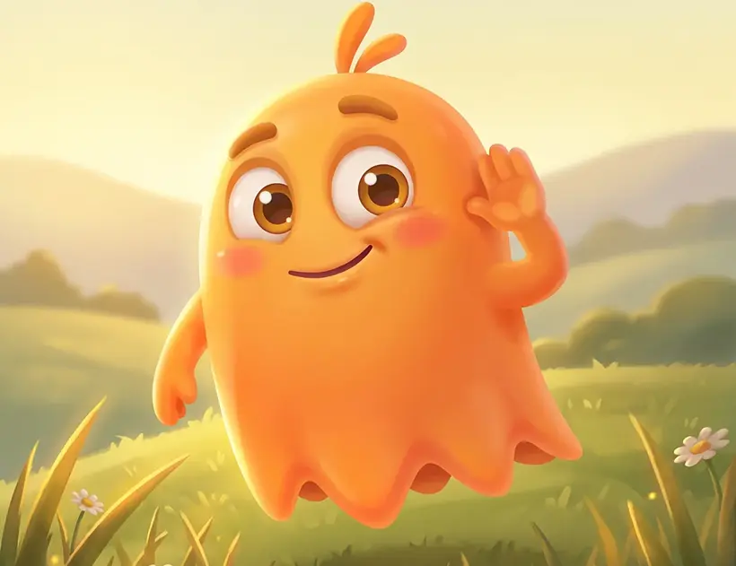 The ghost floating over a meadow at golden hour with one hand raised