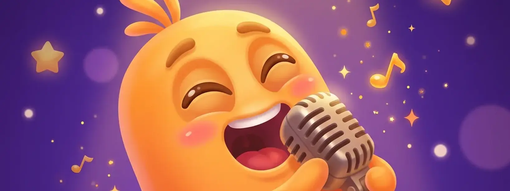The ghost singing into a microphone, music notes and sparkles around it