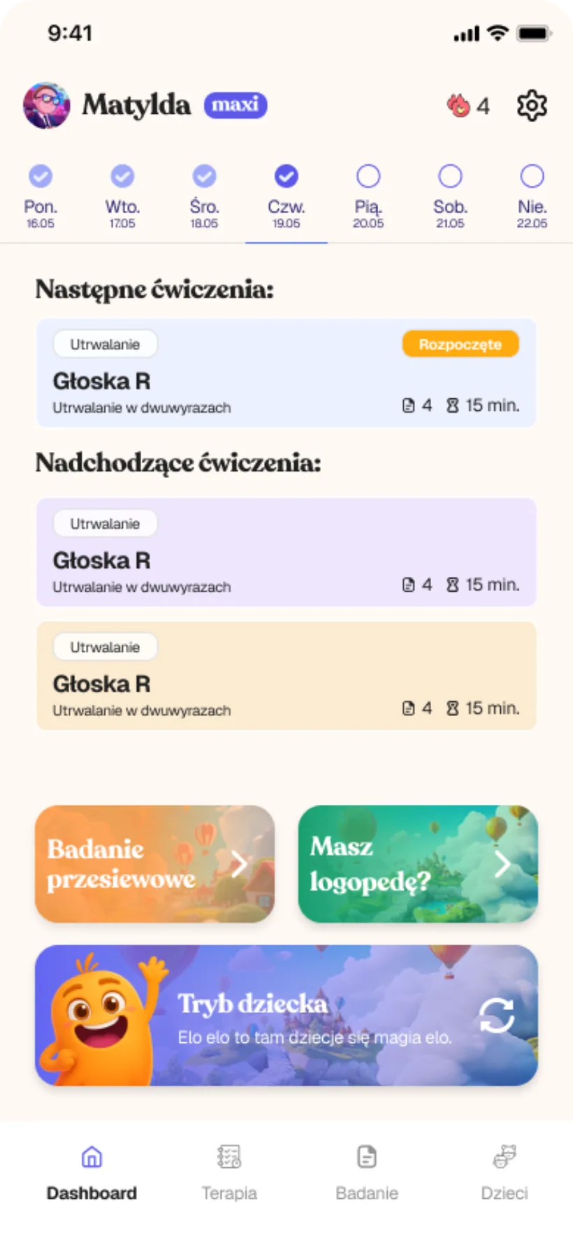 The parent dashboard: this week's exercises, streak and child mode