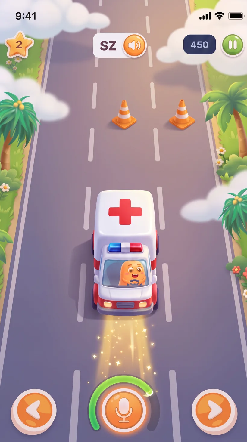 Ambulance game: arrows steer between four lanes, the voice speeds the ambulance up