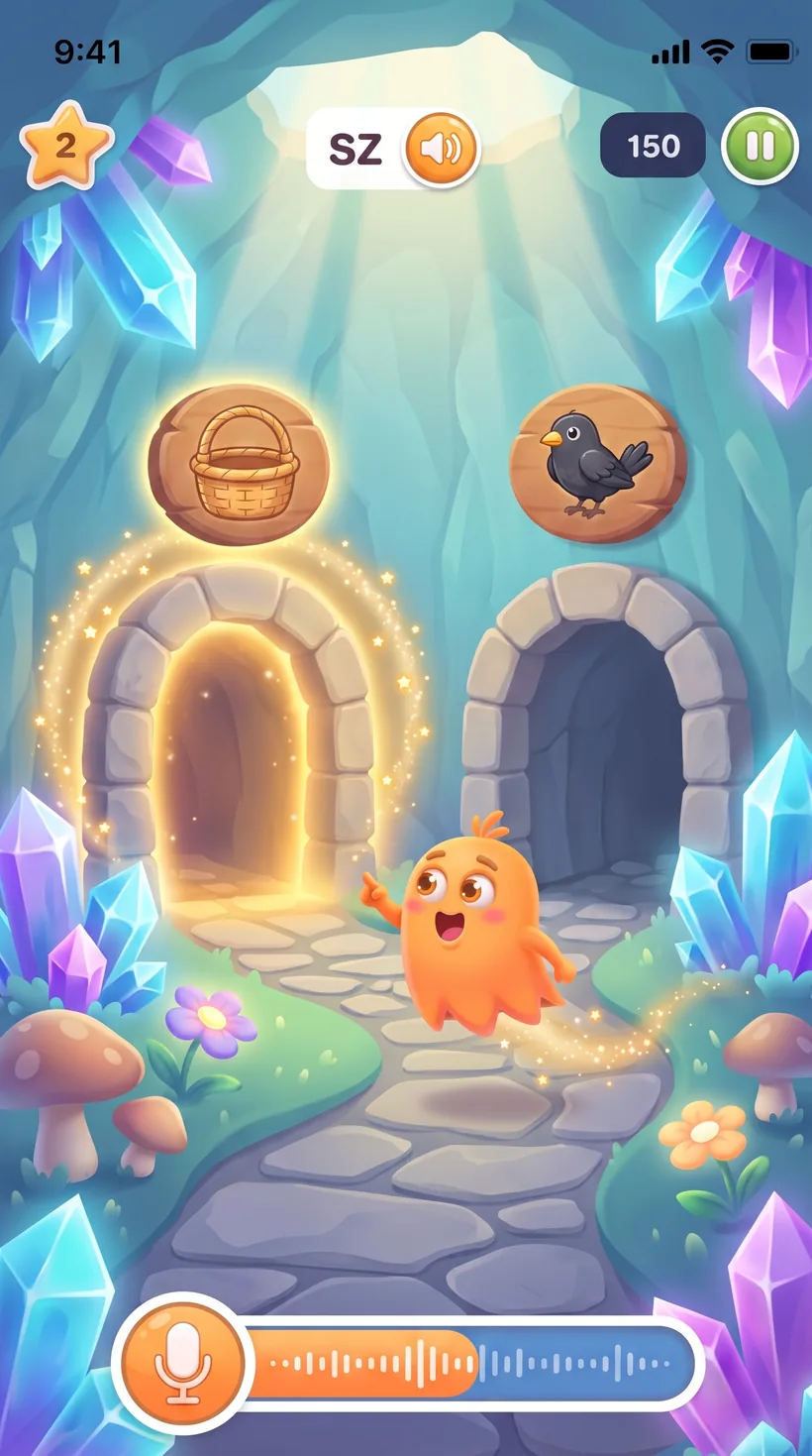 Two doors game: a basket and a blackbird, one letter apart in Polish, and the door that opens is the one the child actually said