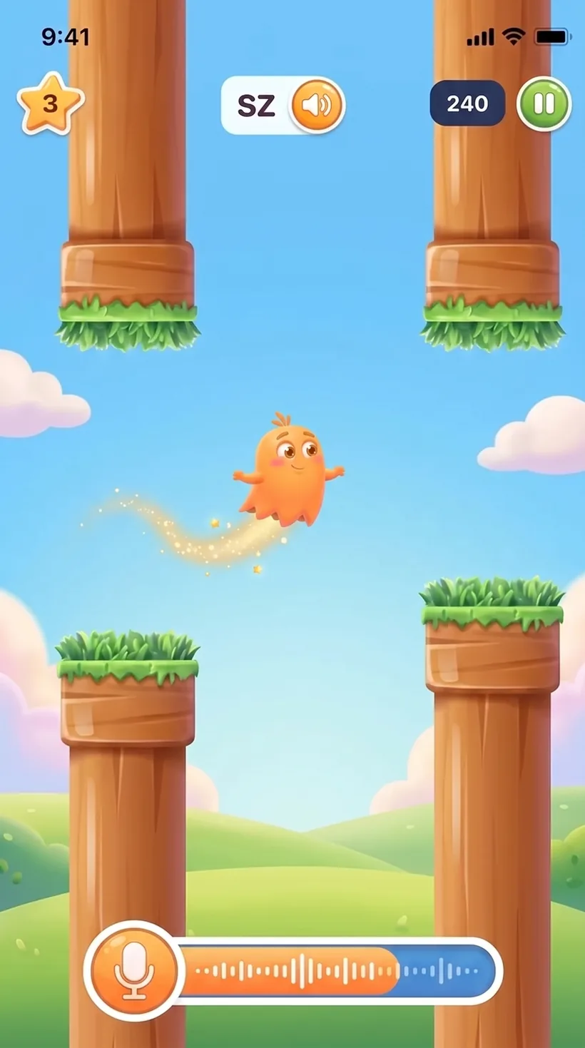 Flight game: the ghost flaps through a gap between wooden pipes