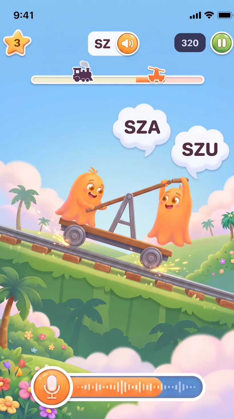 Handcar game: two ghosts pump along the rails ahead of a train, each syllable said out loud speeding the cart up