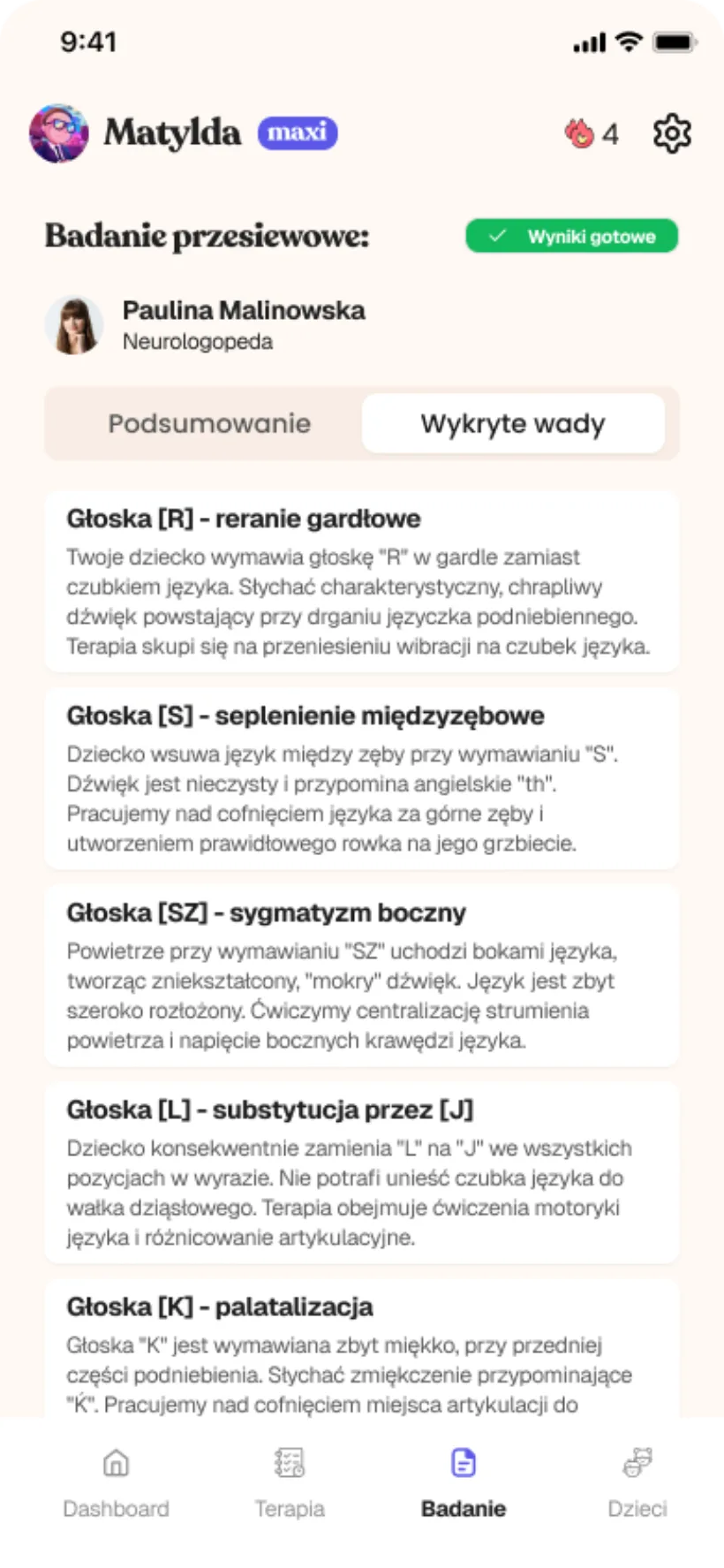 Plain-language diagnosis screen