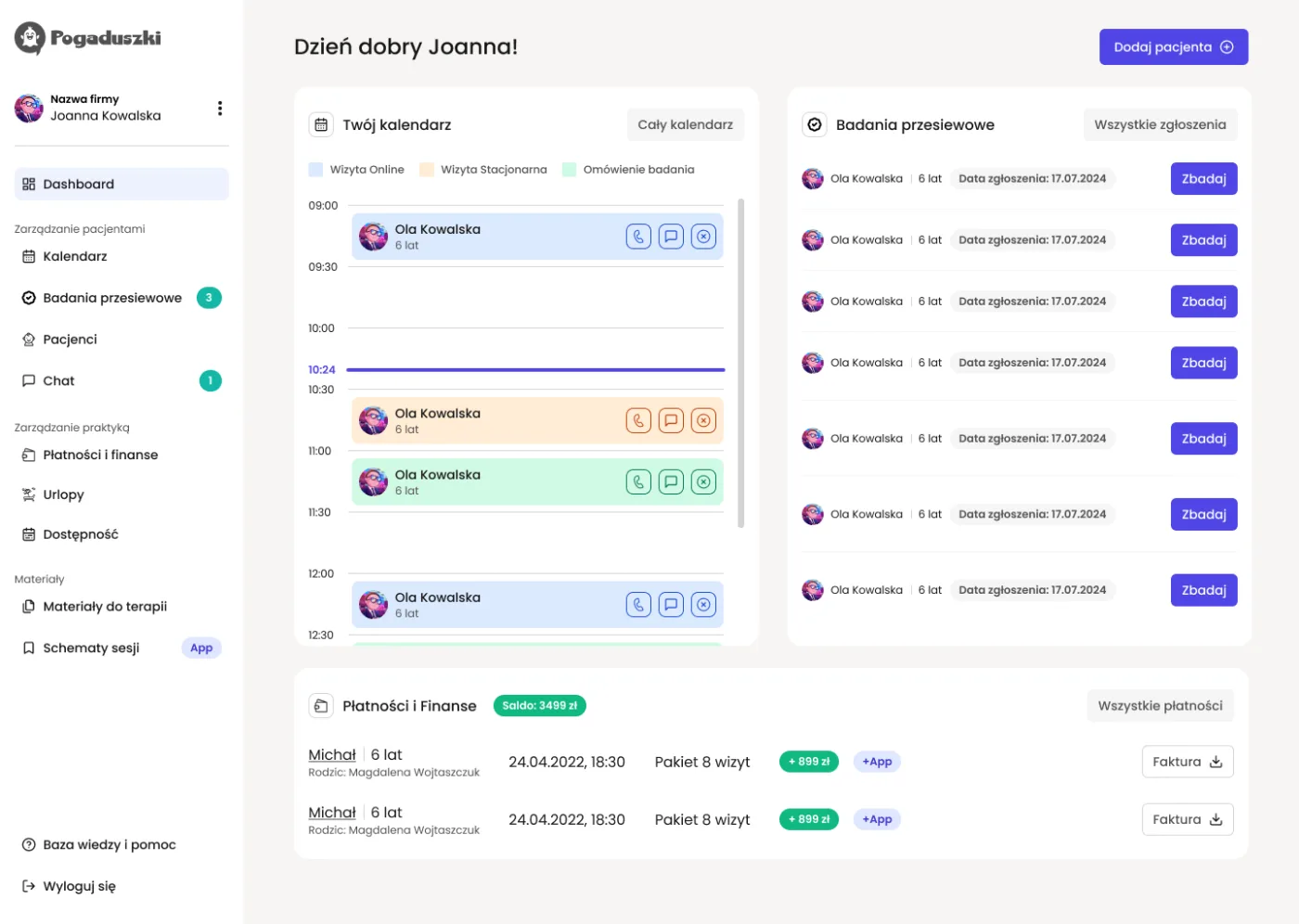 Therapist dashboard: calendar, screening queue, payments
